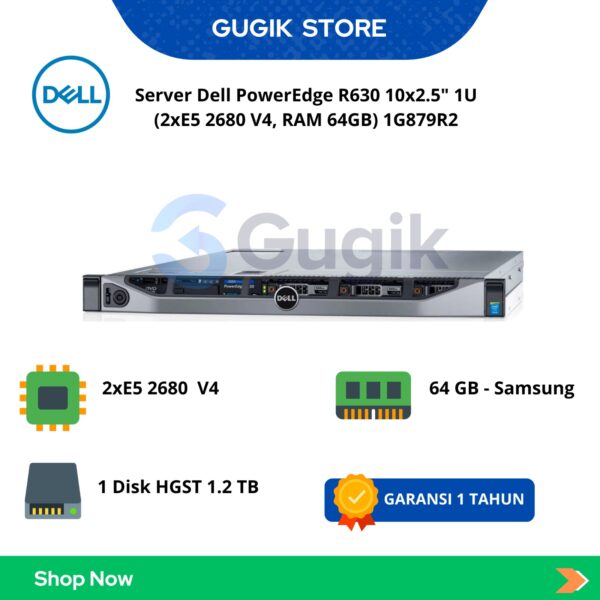 Server Dell PowerEdge R630 10×2.5″ 1U (2xE5 2680 V4, RAM 64GB) 1G879R2