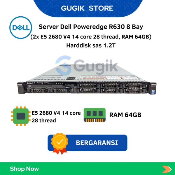 Server Dell Poweredge R630 8 Bay (2x E5 2680 V4 14 core 28 thread, RAM 64GB) Harddisk sas 1.2T