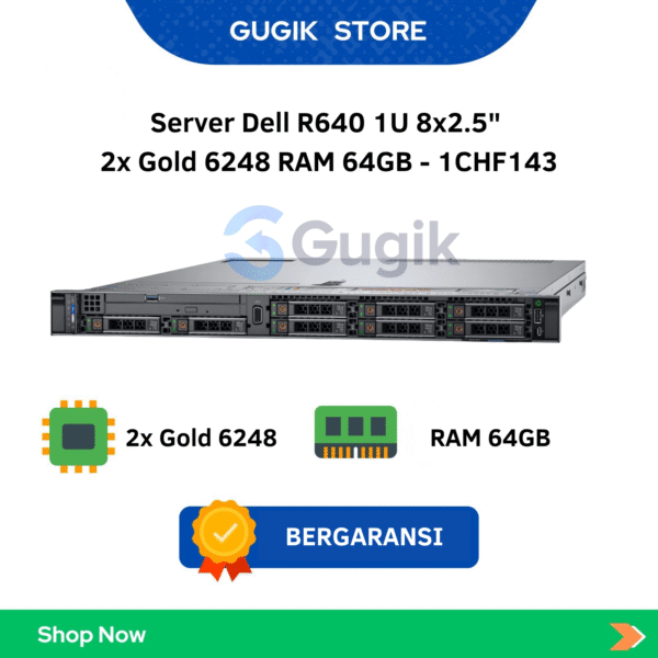 Server Dell R640 1U 8×2.5″ 2x Gold 6248 RAM 64GB – 1CHF143