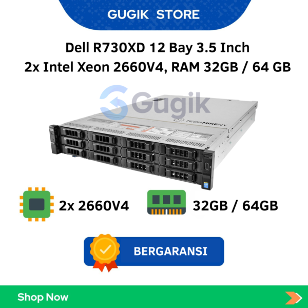 Dell R730XD 12 Bay 3.5 Inch 2x Intel Xeon 2660V4, RAM 32GB / 64 GB