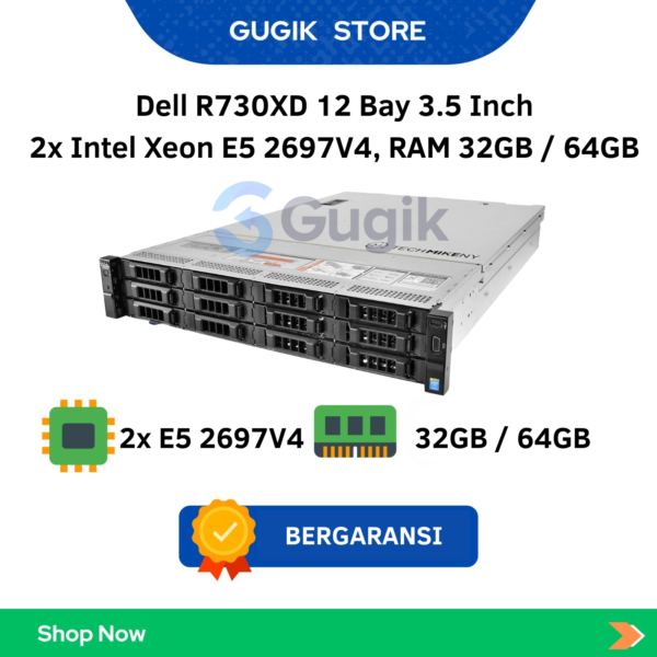 Dell R730XD 12 Bay 3.5 Inch 2x Intel Xeon E5 2697V4, RAM 32GB / 64GB
