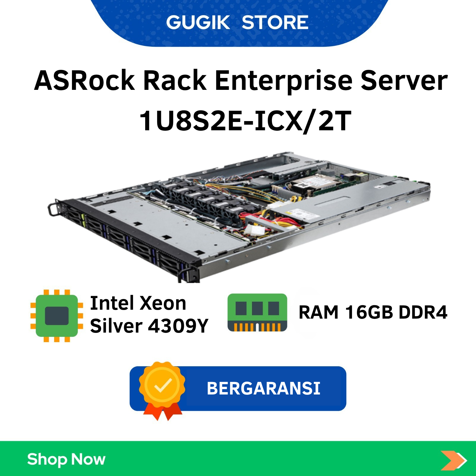 Gugik - ASRock Rack Enterprise Server - Intel Xeon Silver 4309Y - DDR4 ECC - Enterprise SATA Storage - Dual 10GbE Networking - Redundant PSU - IPMI Remote Management - High Performance Multipurpose Server - ASRock Rack 1U8S2E-ICX/2T - 8 Cores