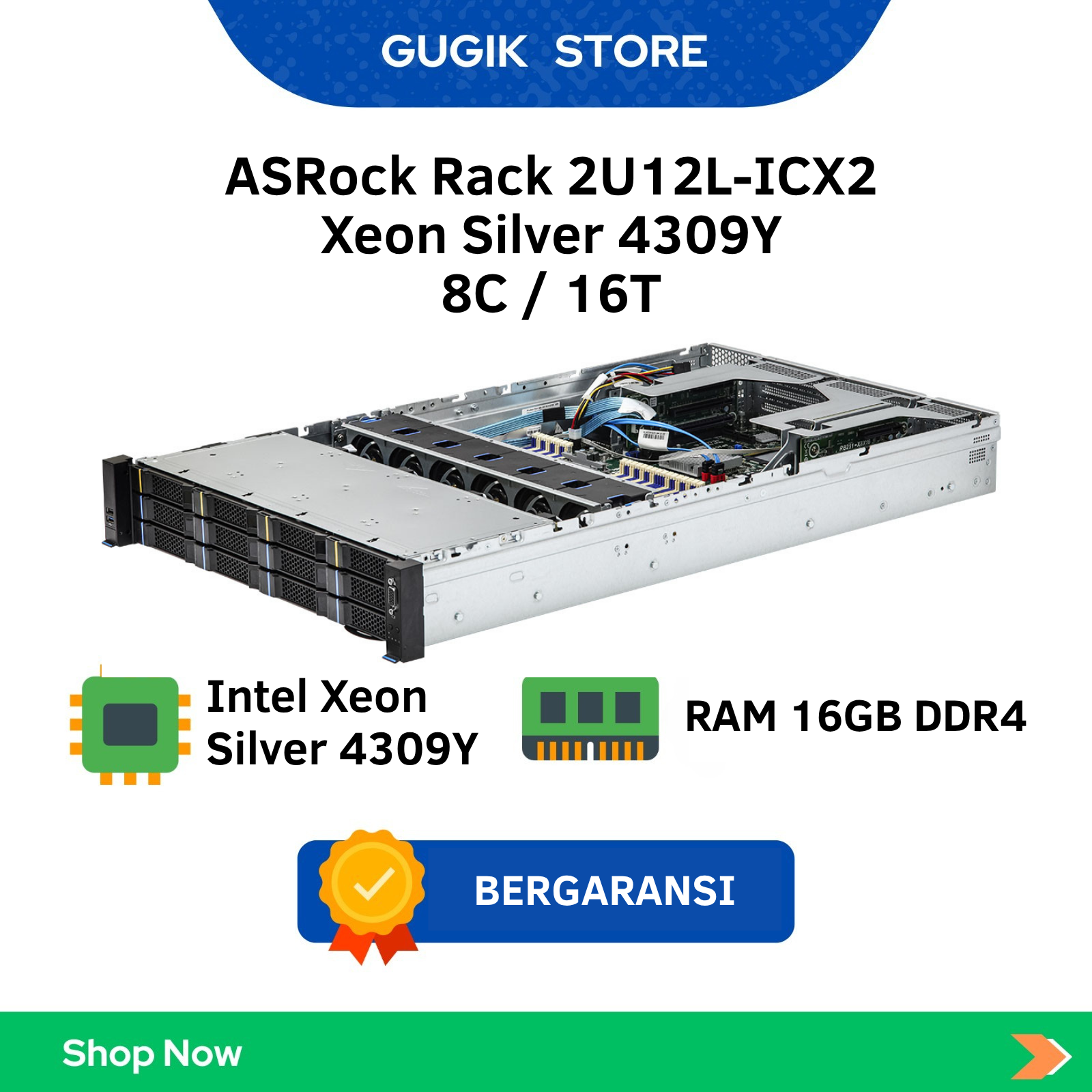 Gugik - ASRock Rack Enterprise Server - Intel Xeon Silver 4309Y - DDR4 ECC - Enterprise Storage - Redundant PSU - IPMI Remote Management - High Performance Multipurpose Server - ASRock Rack 2U12L-ICX2 - 8 Cores