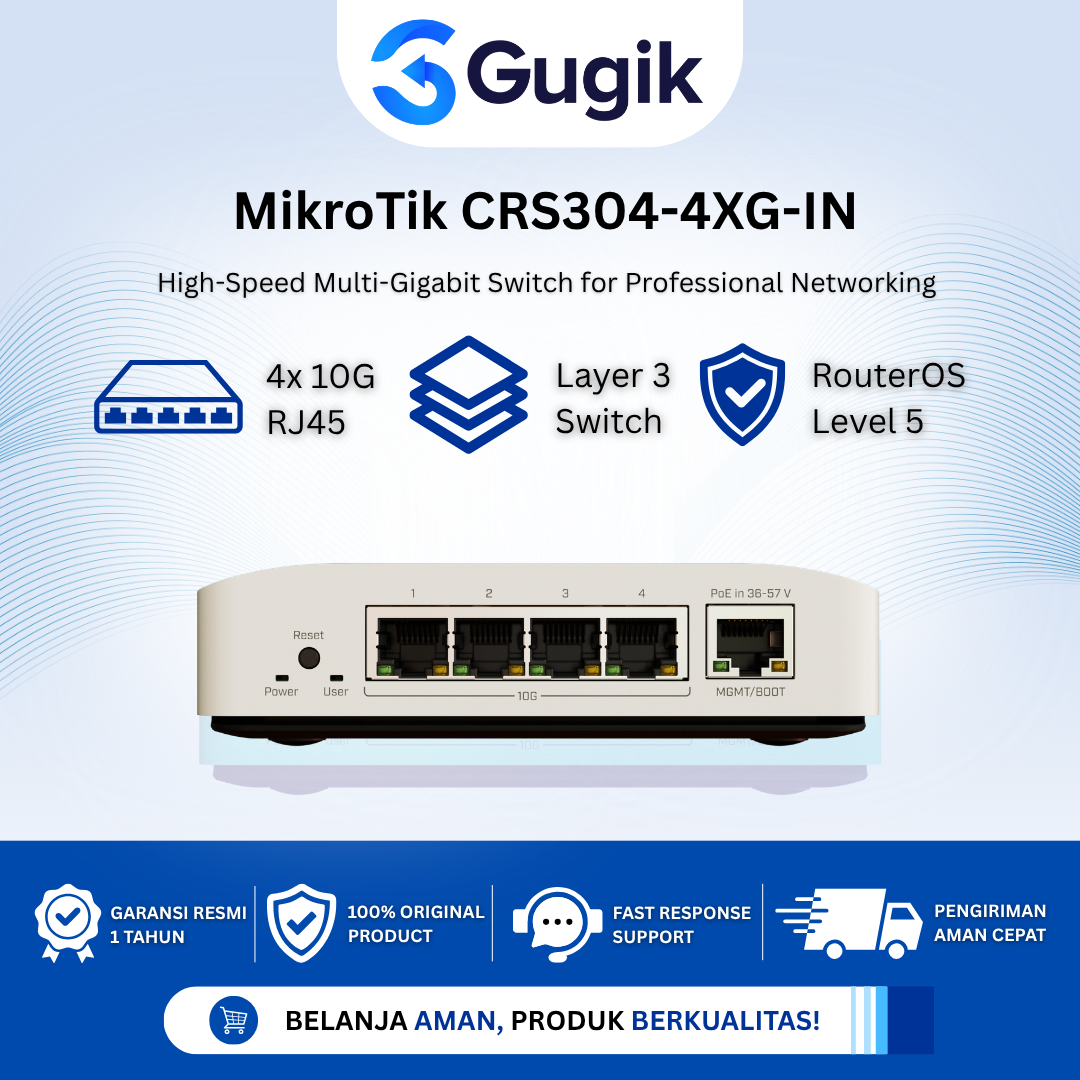GUGIK - MikroTik CRS304-4XG-IN Cloud Router Switch 4 Port 10G RJ45 RouterOS v7 Layer 3 Managed Switch
