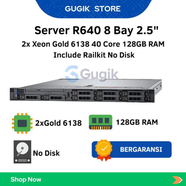 Dell PowerEdge R640 Server 8 Bay Dual Xeon Gold 6138 128GB Railkit iDRAC Enterprise