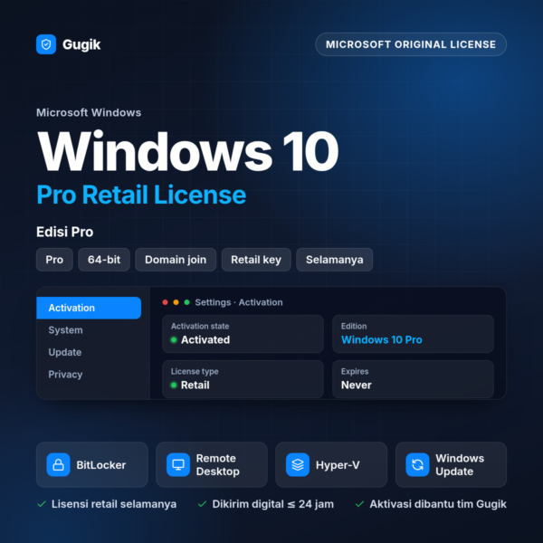Windows 10 Pro Retail License (Lisensi Original Aktif Selamanya)