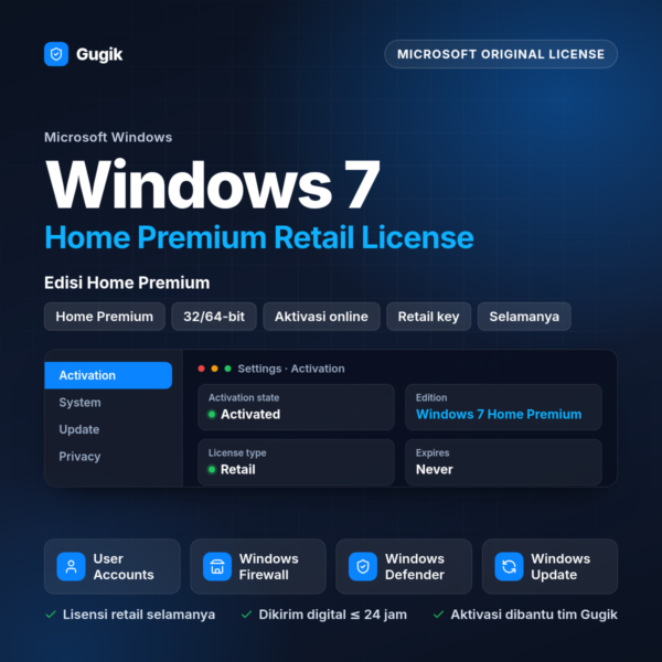 Windows 7 Home Premium Retail License (Lisensi Original Aktif Selamanya)