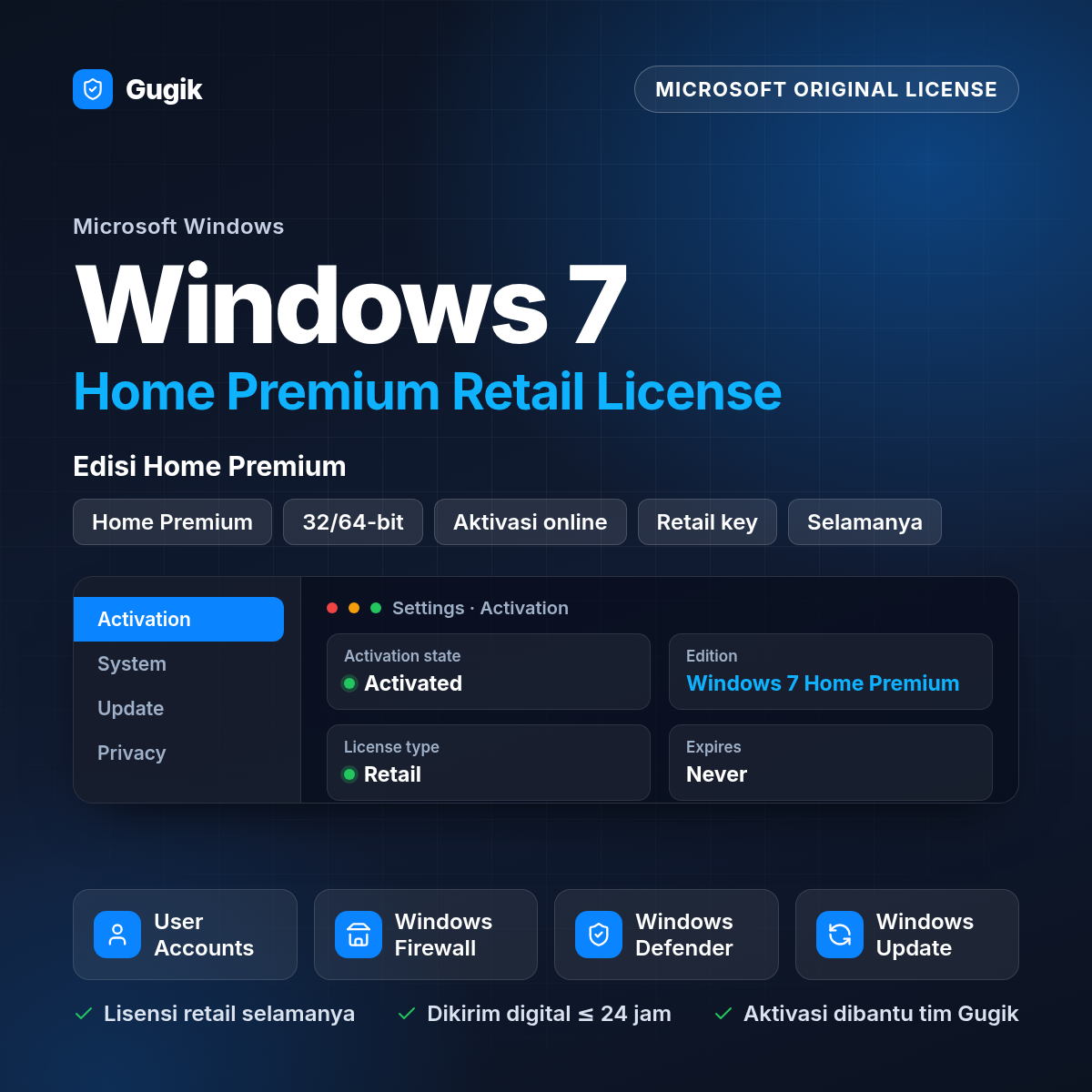 Windows 7 Home Premium Retail License (Lisensi Original Aktif Selamanya)