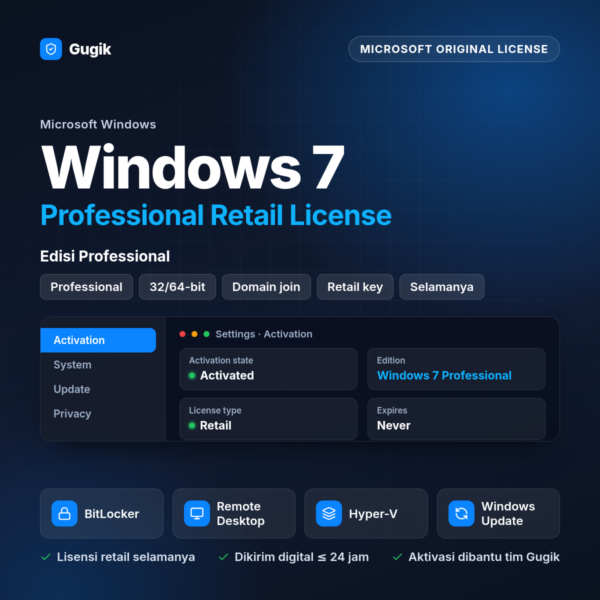 Windows 7 Professional Retail License (Lisensi Original Aktif Selamanya)
