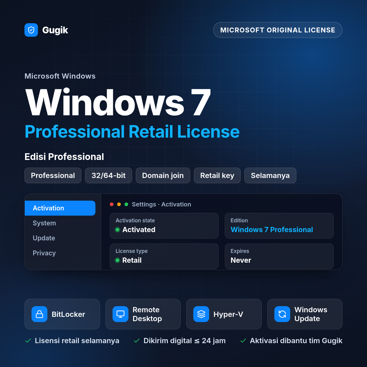 Windows 7 Professional Retail License (Lisensi Original Aktif Selamanya)