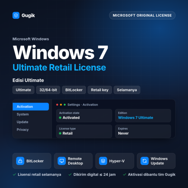 Windows 7 Ultimate Retail License (Lisensi Original Aktif Selamanya)