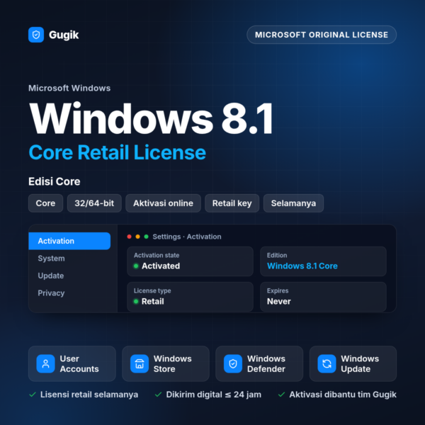 Windows 8.1 Core Retail License (Lisensi Original Aktif Selamanya)