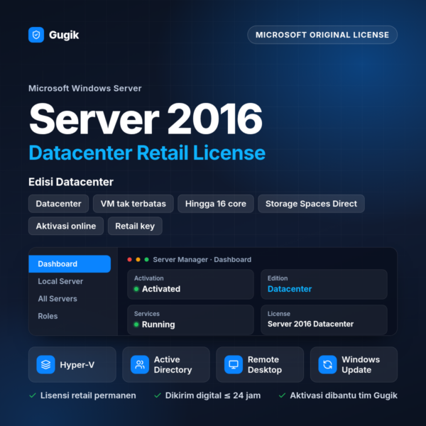 Windows Server 2016 Datacenter Retail License (Lisensi Original Permanen)