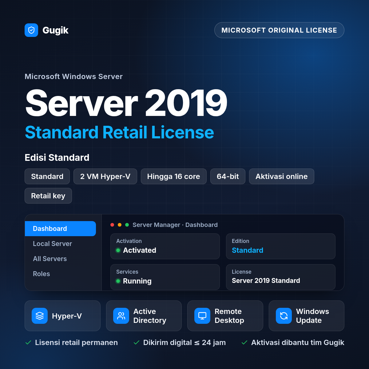 Windows Server 2019 Standard Retail License (Lisensi Original Permanen)