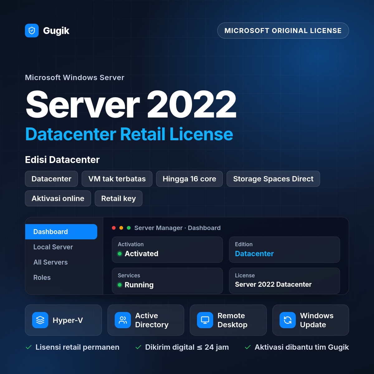 Windows Server 2022 Datacenter Retail License (Lisensi Original Permanen)